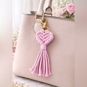 HANDCRAFTED Macrame Heart pink Bag Charm Keychain Bohemian Purse Jewelry NEW